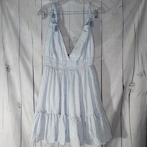 Aakaa Light Blue And White Striped V-Neck Boho-Chic Mini Dress
